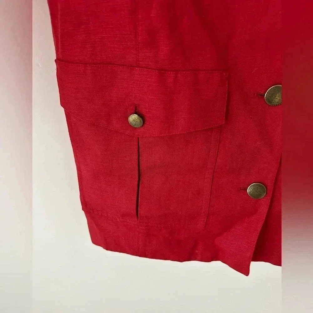 Vintage 90s Episode Red Linen Blazer Gold Button Tailored Jacket Women Size 4 - Picture 6 of 11